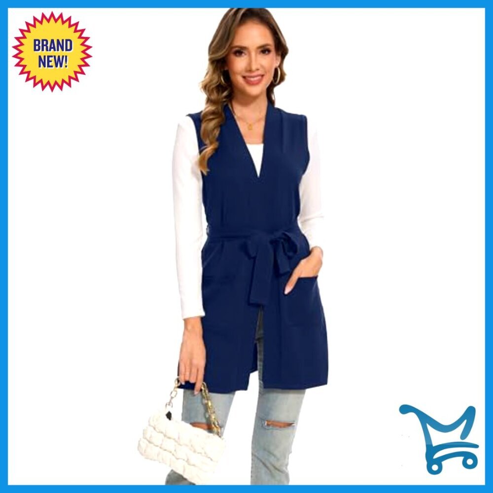Sleeveless Ribbed Knit Vest with Belt and Pockets, Size Small - Picture 2 of 5